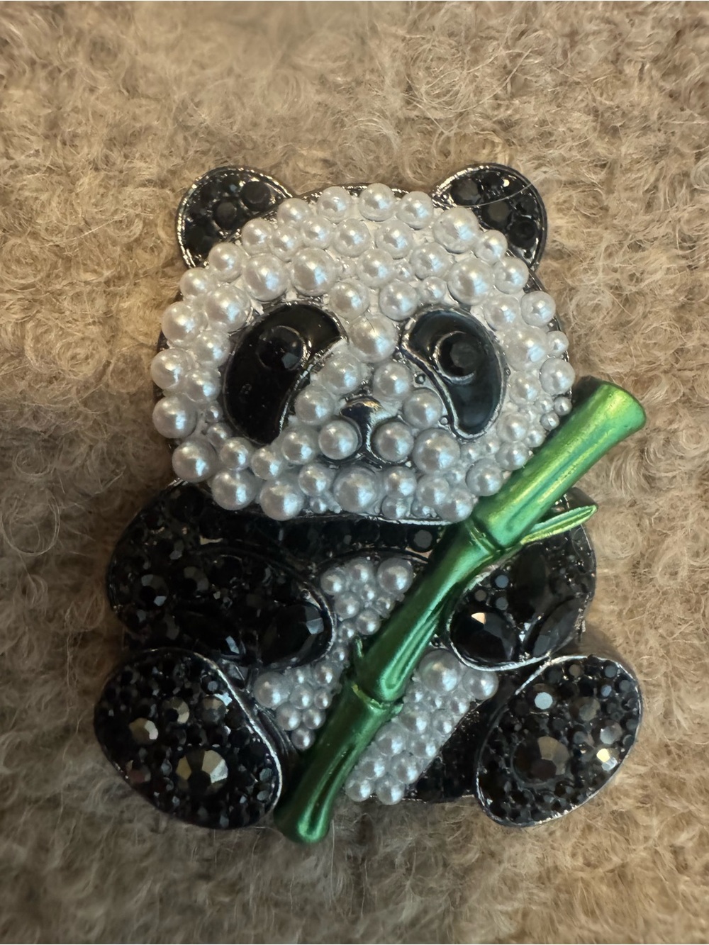 Pearl and Black Crystal Panda Brooch with Green Bamboo Accent